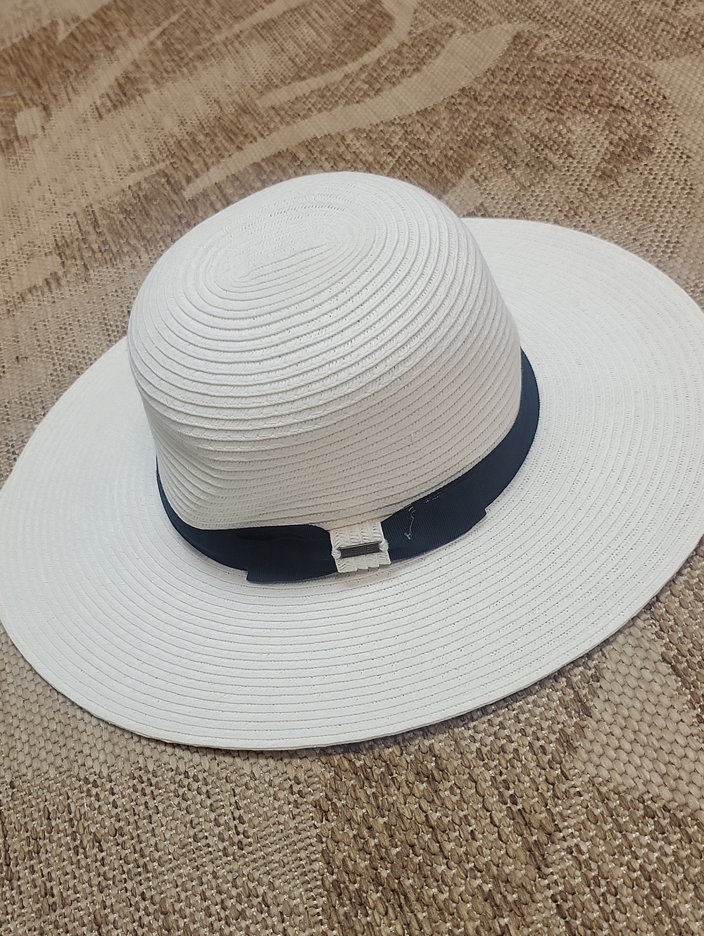 Wide Brim Sun Hat with Black Band - White